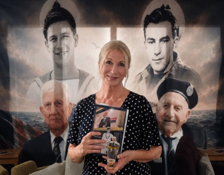 A copy of the book at the launch, before the D-Day montage backdrop